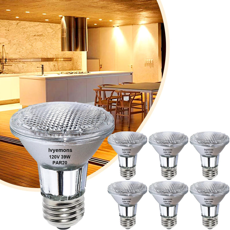 PAR20 Flood 39W 120V 480 Lumens- 6 Pack PAR20 Flood Light Bulbs with E26 Base, PAR 20 Dimmable 2800K Warm White, Long Lasting 39W PAR 20 Bulb for Recessed Lighting & Range Hood Light Bulbs 39W - 6 Pack