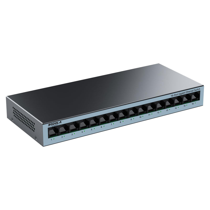 【Upgrade】 SODOLA 16 Port Gigabit Ethernet Switch,Plug & Play, Shielded Ports, Metal Housing, Fanless Design Unmanaged Network Switch