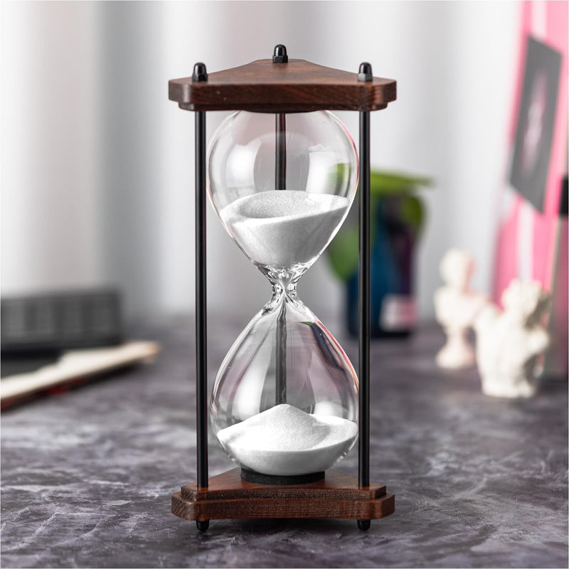 Hourglass Timer 60 Minute, Triangle Wooden Frame Decorative Sand Timer (White Sand, Large Size) White Sand