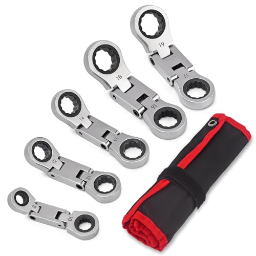 Stubby Wrenches Set, 72-Tooth Flex Head Ratcheting Wrench Set, Compact Double Box End Ratchet Wrench Metric 8-19mm 5 Pieces for Tight Spaces