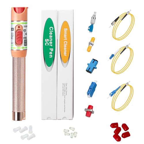 Fiber Optic Cable Fault Locate Kit - 30Km VFL Fiber Optic Visual Fault Locator, FC - LC Adapter, LC/SC/ST/FC Coupler, 2 Cleaners and 3 Short Patch Cords Golden & Red