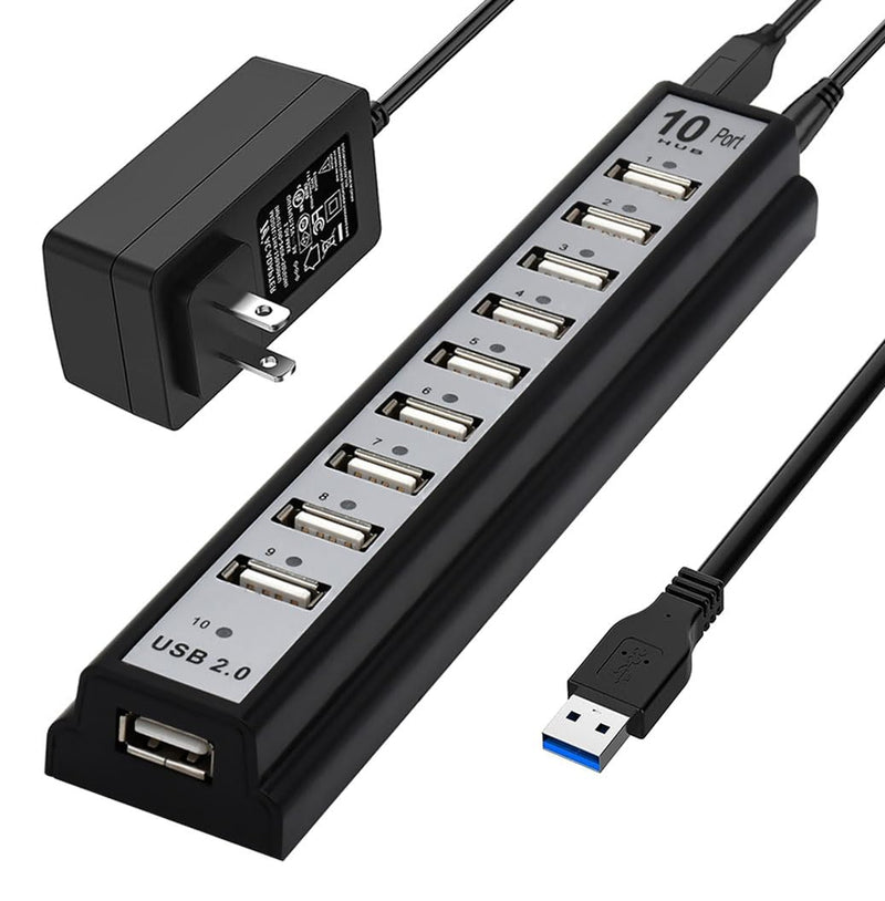 USB Hub 10-Ports, USB Hub Extender Network Splitter Adapter Fast Charging/Data Transfer with Powered, for MacBook, PC, Laptop, Mice, Keyboards USB Hub 10-Ports