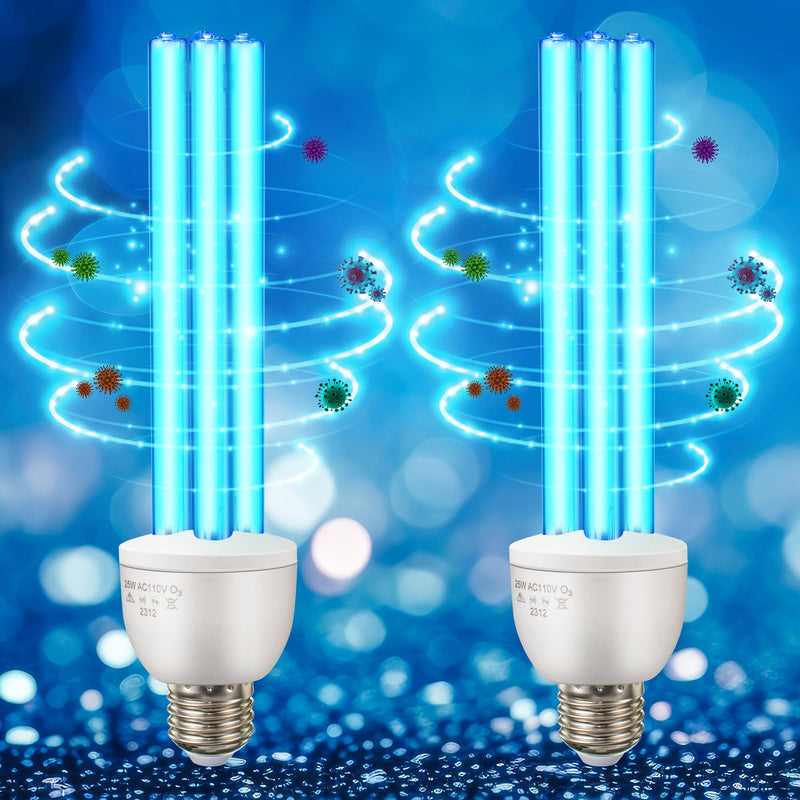 Qualirey 25 Watt Replacement UVC Santizer E27 110V, 185 nm / 254 nm UV Light Bulb for Basement, Bedroom, Kitchen, Closet, Garage and Storage Room(2 Pack,with Ozone) 2 With Ozone