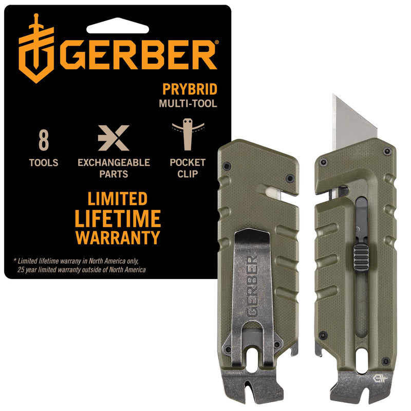 Gerber Gear Prybrid Utility EDC Multitool Pocket Utility Knife, Razor Knife with Retractable Box Cutter Blade and Pry Bar, Green G10 with Clip