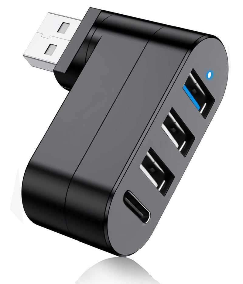 USB 3.0 Hub [90°/180° Degree Rotatable], 4-Port USB Splitter Extender with 3 USB Ports & 1 USB C Power/Data Port, USB Hub for Laptop, Car, MacBook Pro/Air/Pro USB Hub 4-Ports