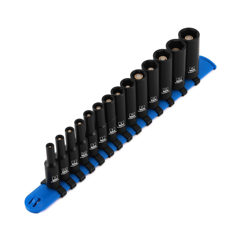 CASOMAN 14PCS 1/4"Drive Magnetic Impact Socket Set, Deep, 6-Point, Metric, 4mm to 15mm, CR-MO 1/4"Dr. Deep