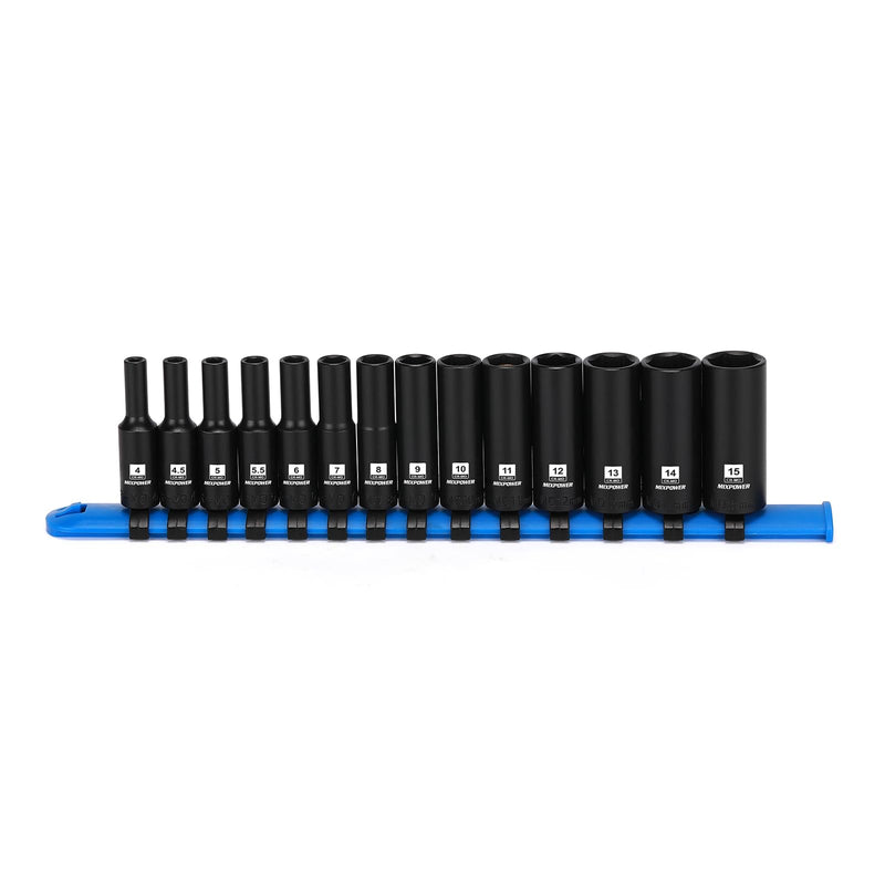 MIXPOWER 1/4" Drive Deep Magnetic Impact Socket Set with Storage Rails, 14-Piece, 6 Point, 4-15mm, Metric, CR-MO 1/4"Dr.Deep