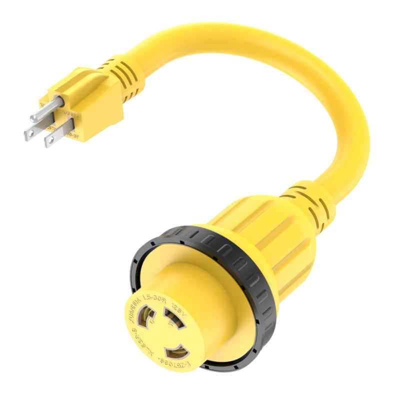 1FT 30-Amp to 15-Amp Marine & RV-Adapter Cord Nema 5-15P to L5-30R,10AWG 15Amp Male to 30Amp-Female Twist Lock Power Adapter,Marine Shore Power 30A 125V Receptacle to 110V 15A Household Plug 1 Ft