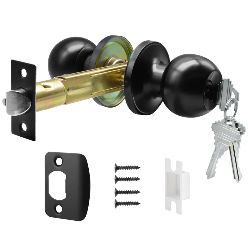 5" Backset Latch Keyed Entry Door Knob with Lock and Key, Standard Square Interface Entrance Ball Doors Knobset Lockset, Matte Black