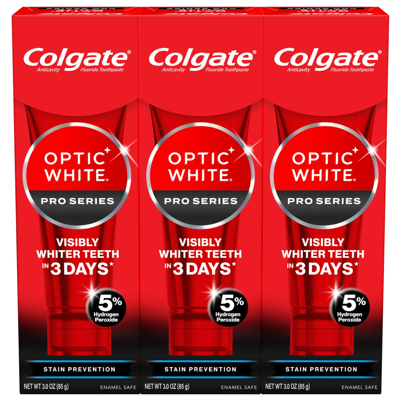 Colgate Optic White Pro Series Stain Prevention Hydrogen Peroxide Toothpaste, Teeth Whitening Toothpaste, Effectively Removes Tea, Coffee, and Wine Stains, Enamel-Safe for Daily Use, 3 Pack, 3.0 oz 1 Ounce (Pack of 3)