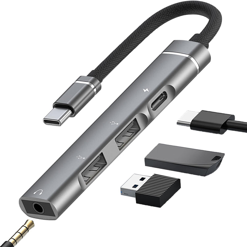 USB C Hub, 4 in 1 Aluminum USB C to USB OTG Adapter, USB C Splitter with 1 * 3.5mm Headphone Jack, 1 * 15W PD, 2 USB A Ports, USB C Hub Dongle for MacBook Air/Pro,XPS,iMac Mini,iPad Pro,More