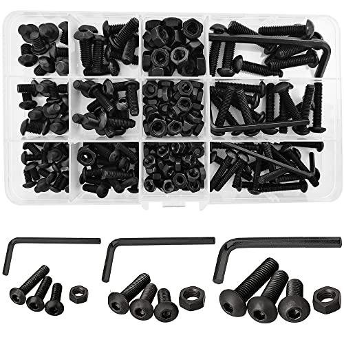 219 Pcs Threaded Button Head Hex Socket Bolts and Nuts, Black Black Round Head