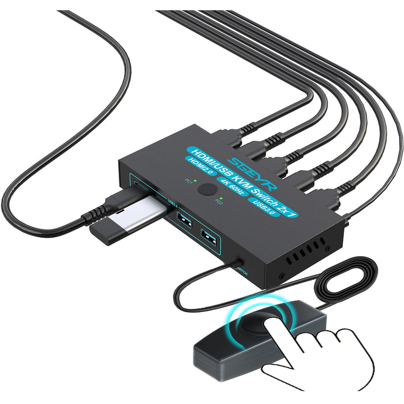 SGEYR USB 3.0 HDMI KVM Switch 1 Monitors 2 Computers,KVM Switch 2 Port HDMI 4K@60HzKVM Switches for 2 Computers Sharing Monitor Keyboard Mouse Hard Drives Printer, 2USB Cable and Controller