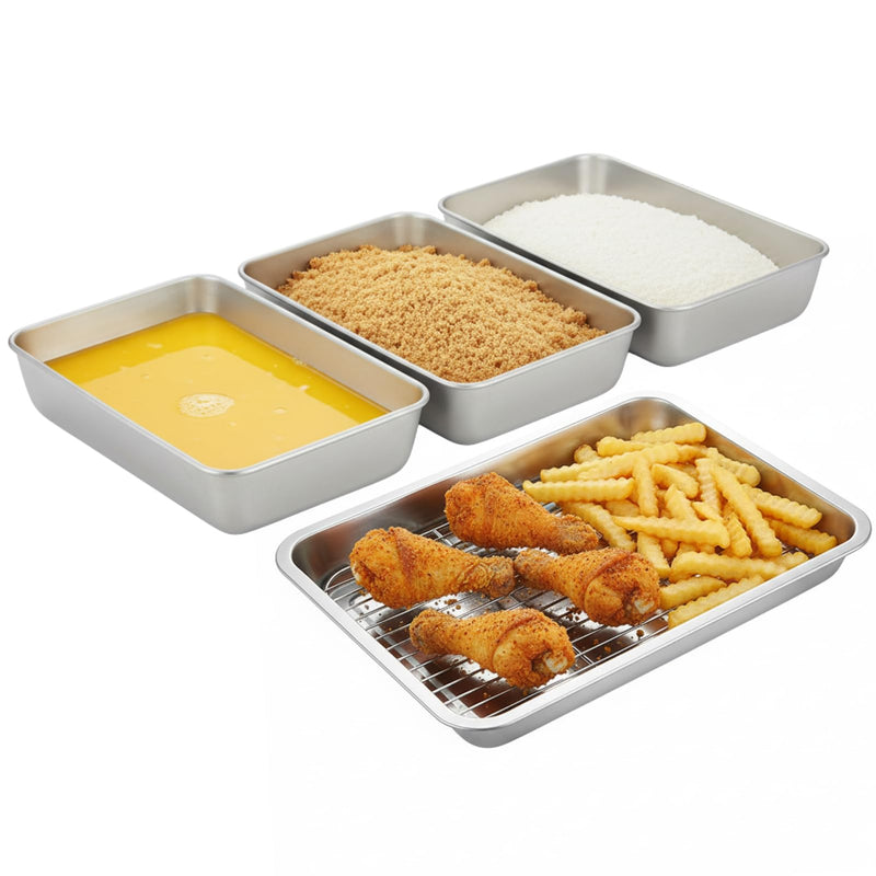 Set of 3 Breading Pans, Chicken Cutlet Dredging Trays with Stainless Steel Oil Filter Tray Breading Trays for Cooking, Food Prep for Preparing Bread-Crumb Dishes, Panko, Schnitzel