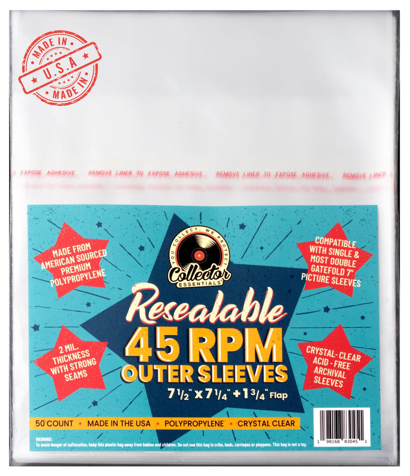  [AUSTRALIA] - 45 rpm RESEALABLE Outer Sleeves - 50 -Pack - Crystal-Clear Polypropylene - USA Made - 2mil Thick - Acid-Free Archival Quality for 7" Vinyl Records