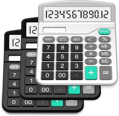 Calculator, 3 Pack Standard Functional Desktop Calculator Solar and AA Battery Dual Power Electronic Calculator with 12-Digit Large Display (2 Basic Black&1 Updated Silver) 2 Black & 1 Silver