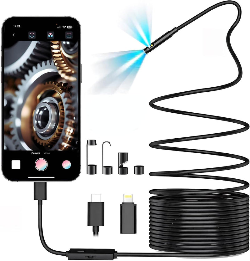 Dual-Lens Endoscope Camera with Light,Borescope with 8 Adjustable LED Lights 1920P HD,16.5ft Semi-Rigid,IP67Waterproof USB Inspection Camera for iPhone,Gadgets for Men… PEM002