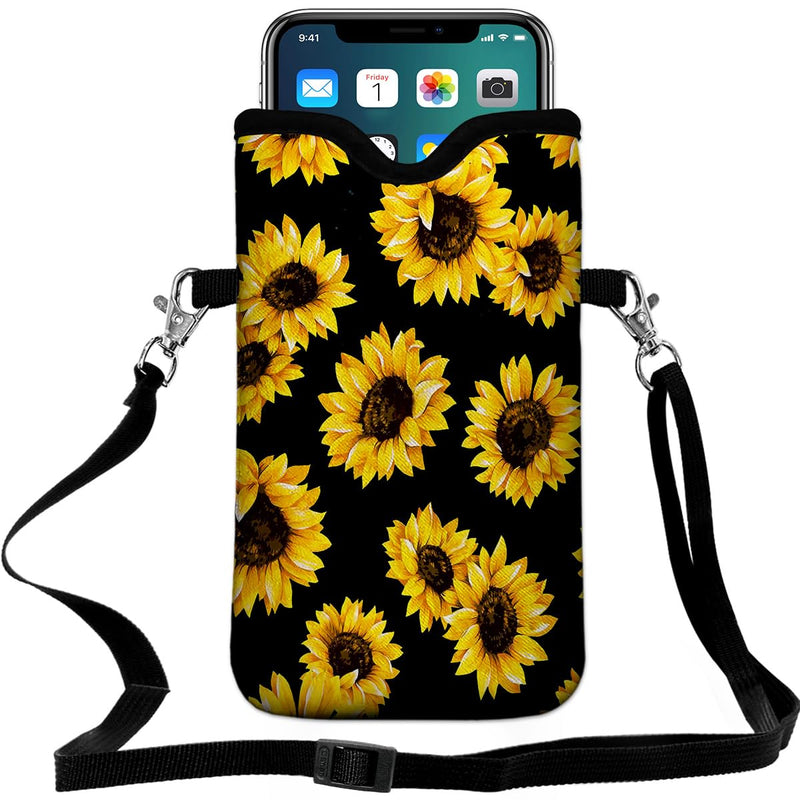  [AUSTRALIA] - Universal Neoprene Cell Phone Pouch 7.1 X 4 in Mobile Protection Case Bag with Crossbody Strap/Neck Lanyard Sunflower Printed Pattern One Size