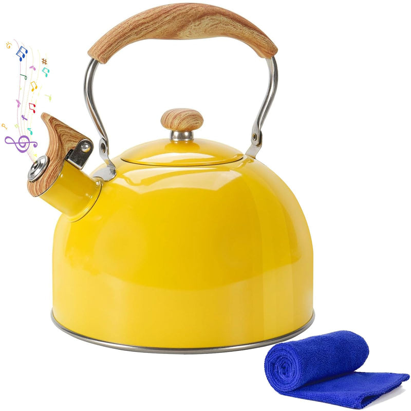 Tea Kettle,Whistling Tea Kettle Stovetop 2.6 Quart, Tea Pots for Stove Top Food Grade Stainless Steel,Wood Pattern Handle(Yellow),With Anti Scald Towel Yellow
