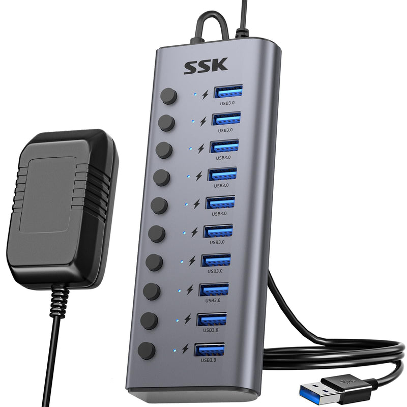 SSK 10 Port Powered USB 3.0 Hub, 60W Aluminium USB Charging Hub with DC 12V5A Power Adapter, Supports Simultaneous Fast Charge and 5Gbps Data Transmission,USB Extender Hub with 3.96ft/1.2m Long Cable