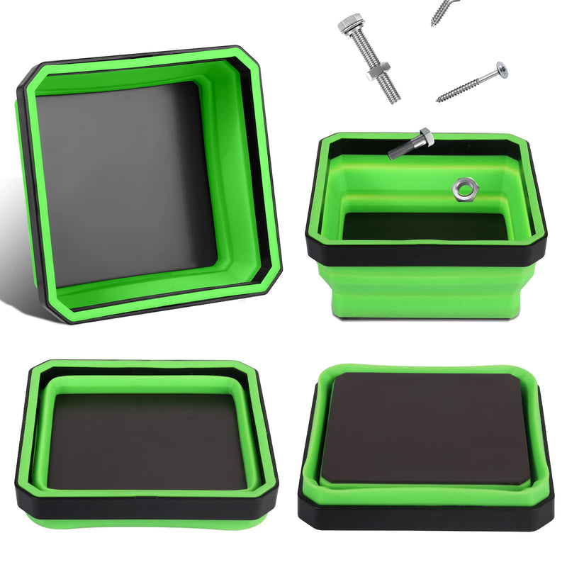 Magnetic Parts Tray 4-Pack – Collapsible Tool Holder for Screws & Bolts | Double-Sided Magnets, 4.5" Bowls, Collapsible, Scratch-Proof, Heat-Resistant, Green, for Workshop, Auto & Home