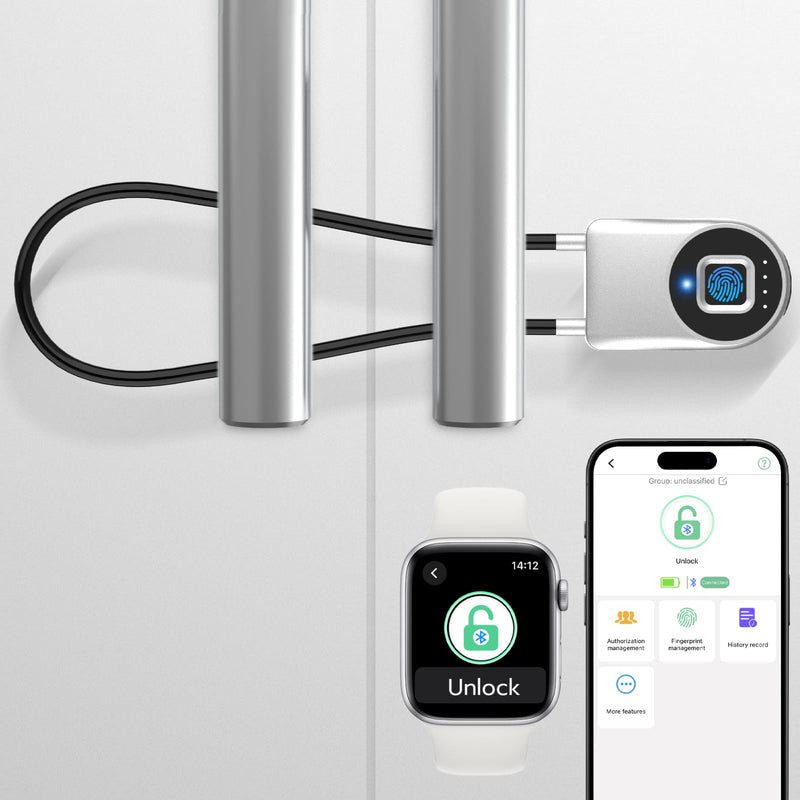 Fingerprint Cable Lock, eLinkSmart Fridge Locks with Bluetooth APP Control, Biometric Smart Padlock for Adults Baby Proof Cabinet Refrigerator French Door Cabinet Gate Locker Bike, 14.9'' Long Silver Silver-38cm