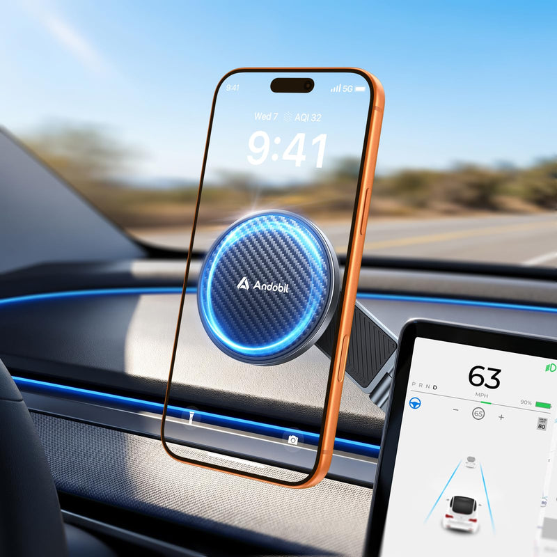 andobil Upgrade Tesla Phone Mount [Strong Magnet & Foldable] MagSafe Car Mount for Tesla New Model Y Juniper Model 3, 360° Adjustable Tesla Phone Holder fits iPhone 17 16 15 Pro Max, Tesla Accessories Metallic Sliver