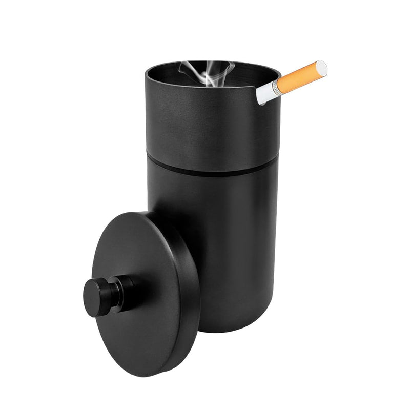 Car Ashtray with Lid, Stainless Steel Smokeless Smell Proof Auto Ash Tray, Detachable Mini Portable Cup Holder Cigarette Ashtray for Vehicle Office Home, Car Accessories (Black) Black