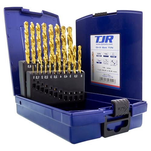 TJR® HSS TiN Twist Drill Bit Set 19 Pieces 1-10mm 0.5mm Steps Self-Centering Metal Drill Bit DIN 338 Type N 118°, for Stainless Steel, Steel, Aluminum Profiles with top Drilling Precision