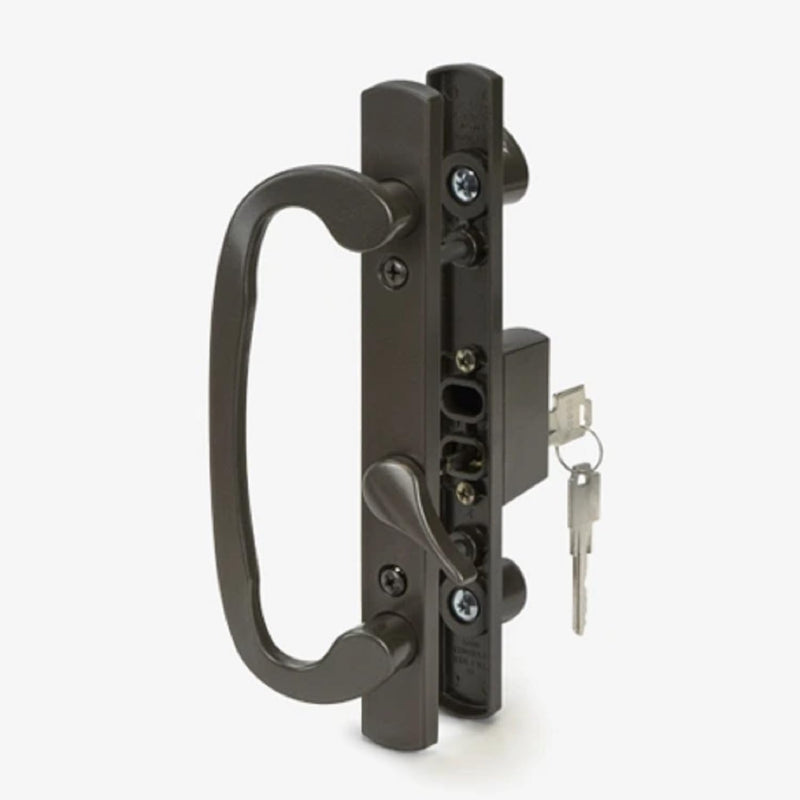 8.5" Legacy Sliding Patio Glass Door Offset Latch Bronze Handle Set with Keys - Sash Controls 2265 Keyed Lock - Fits 3-15/16" Screw Hole Spacing and 1-1/4" to 2-1/4" Door Thickness