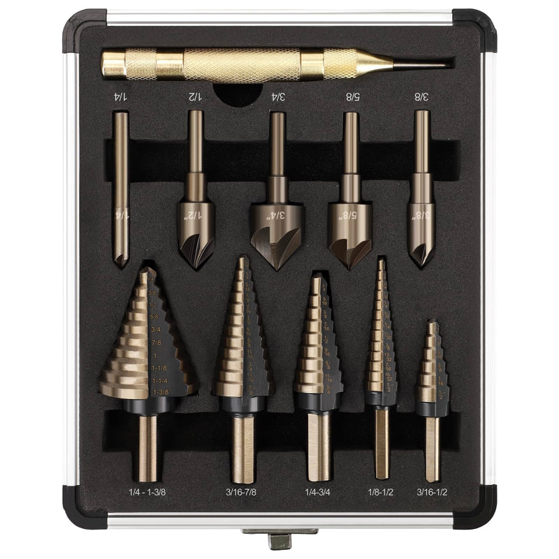5 Pcs Step Drill Bit & 5 Pcs Countersink Drill Bit Set, Titanium High Speed Steel Step Drill Bit, 50 Sizes of Step Bits for Metal, HSS Step Bit with Aluminum Case for DIY, Multiple Hole Stepped Up Bit 11PCS Step Drill Bits Set
