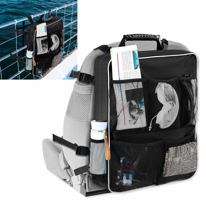 Boat Seat Backpack Boat Backseat Storage Organizer with Mesh Pockets, Handle and Adjustable Back Belt, Waterproof Boat Storage Bag for Swimsuit Boating Accessories, Black Classic Style