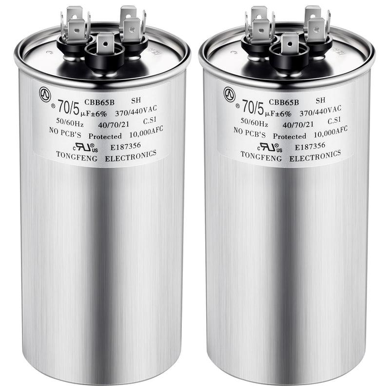 Umigy 2 Pack 70/5 uF 70+5 MFD 370/440VAC Dual Run Round Capacitor, CBB65B Air Conditioner Capacitors for AC Motor Run, Condenser Straight Cool, Heat Pump, Fan Start, Pool Pump, HVAC Capacitor 70+5 uF