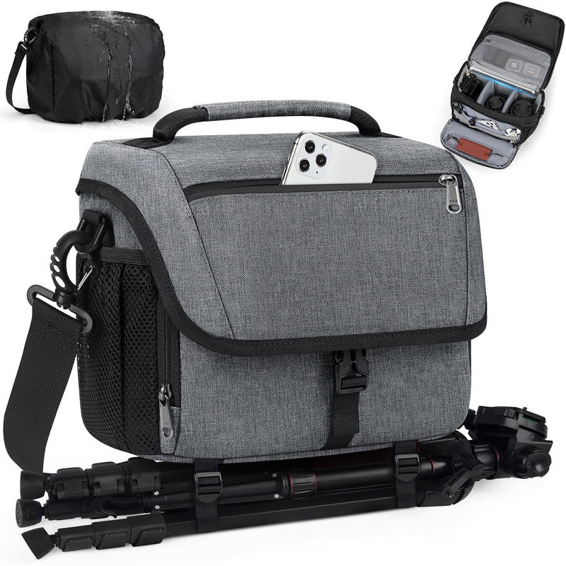 RAINSMORE Camera Bag, DSLR SLR Mirrorless Camera Case for Photographer | Waterproof Camera Sling Bag with Rain Cover & Tripod Holder Soft Padded Crossbody Camera Bag for Sony Canon Nikon Fujifilm Grey M