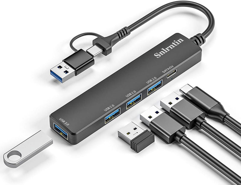 USB 3.0 Hub with USB C Data Port, 2 in 1 USB Hub 5 Ports, Portable USB Splitter for Laptop, USB C Extender for MacBook Pro, iMac, Surface Pro, Dell XPS, PS5, PC, Mobile HDD, and More MR-USB-A & USB -C