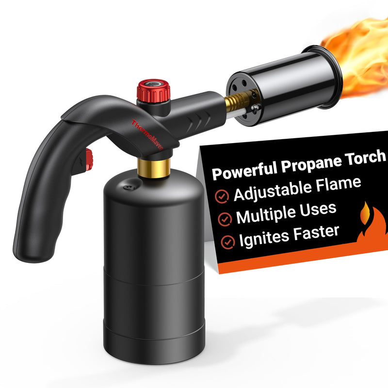 Powerful Propane Torch, Kitchen Cooking Torch, Culinary Torch Lighter, Adjustable Blow Torch for Sous Vide Searing Steak, BBQ, Grill, Campfire Charcoal Starter (Propane Tank Not Included) Black