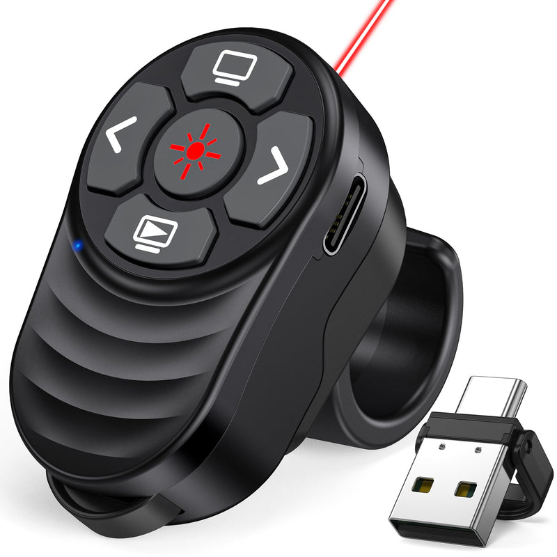 Rechargeable USB Type C Wireless Presentation Clicker, Finger Ring Clicker Powerpoint Clicker with Red Light & Volume Control, Wireless Presenter Remote Pointer for Slide MAC Computer PC Laptop Portable Finger Ring