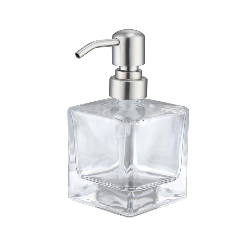  [AUSTRALIA] - Square Bathroom Soap Dispenser Brushed Nickel, Glass Bottles with Stainless Steel Pump Cube Liquid Soap Dispenser Hand Kitchen 8.4oz-Square