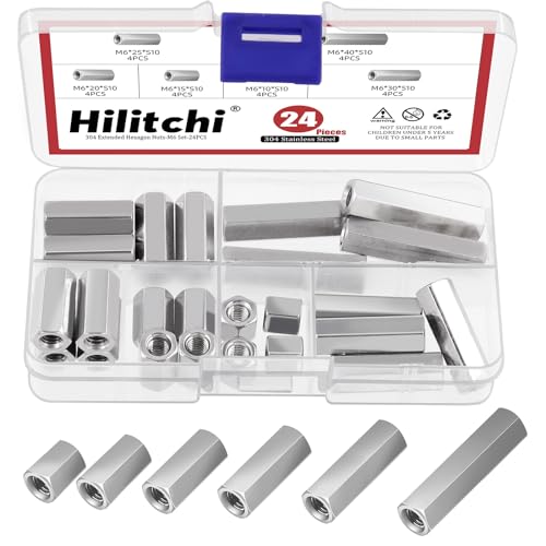 Hilitchi 24Pcs M6 Hex Coupling Nut 304 Stainless Steel Rod Coupling Nuts M6 Hexagon Coupling Nuts 10mm 15mm 20mm 25mm 30mm 40mm Metric Hex Coupling Nut Threaded Rod Connector for Office Equipment