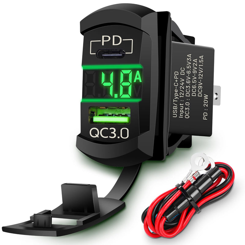 Rocker Switch USB Type C Charger with New Updated Ammeter and Voltmeter Universal Fits Rocker Switch Panel 12V 24V Dual USB Charging Port Outlet for RV Cars Marine Boats ATVs Trailers Type C USB Current-voltmeter Green