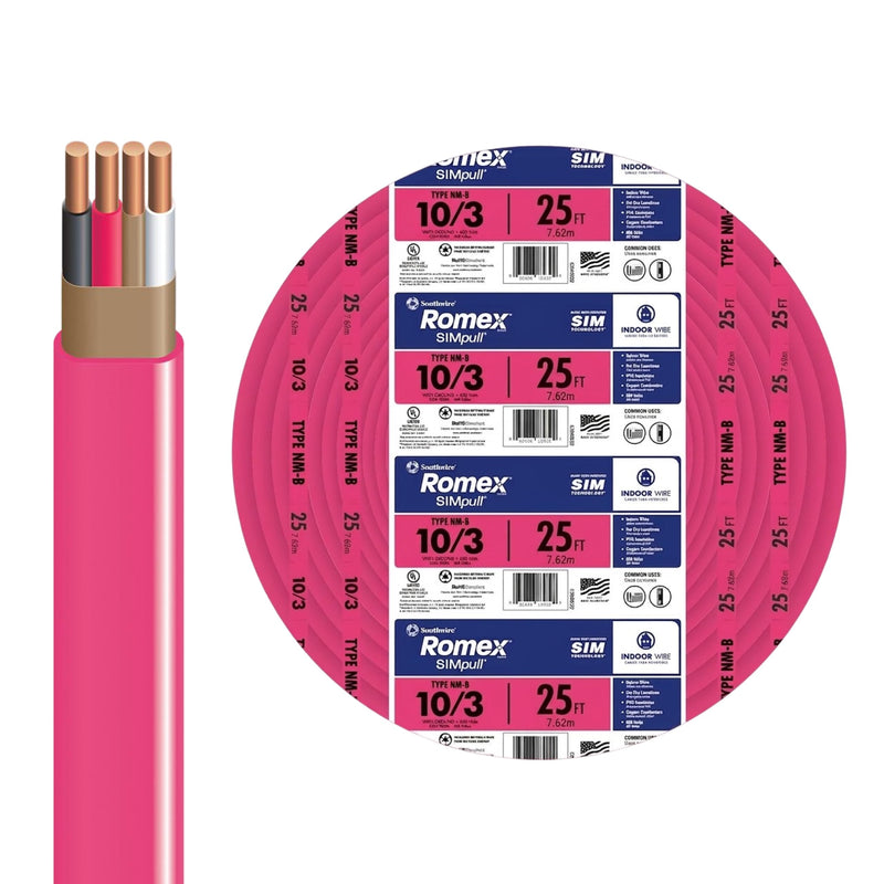 Southwire Romex SIMpull™ Residential Wire, 10 Gauge, 3 Conductor, 25Ft, NMW/G Wire, Pink, 63948521