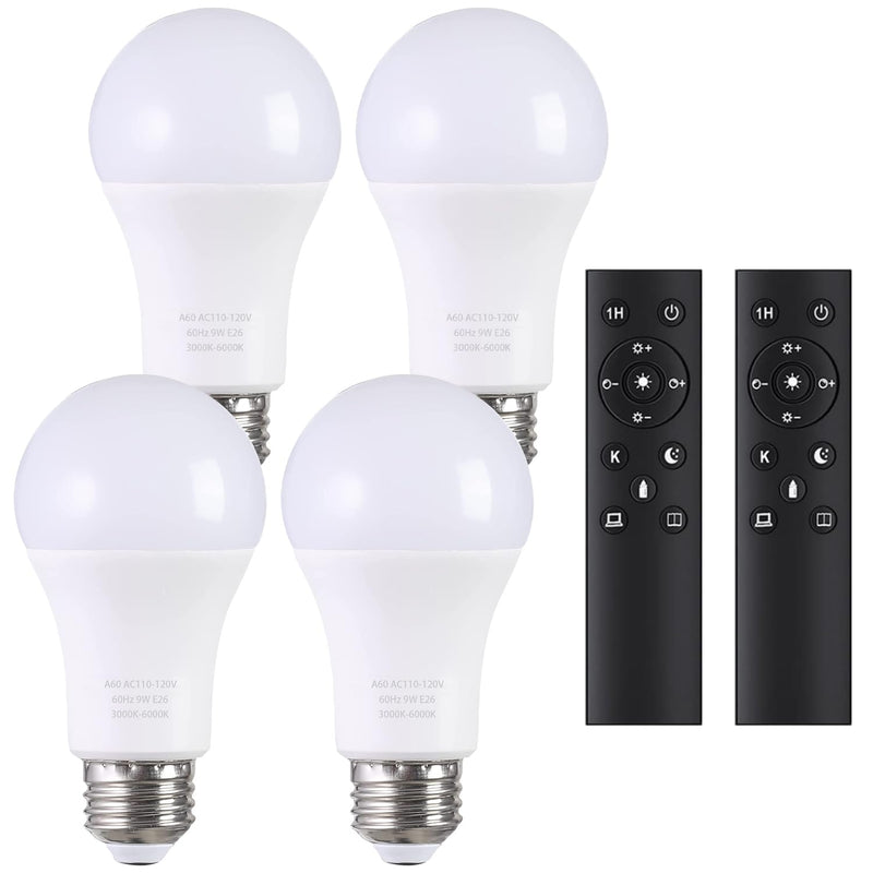 A19 LED Light Bulbs with Remote Control, 800LM 9W (60W Equivalent) Bulbs,Stepless Dimmable 3000K-6000K,E26 Base,CRI 80+,2.4GHz,25000+ Hours Lifespan,Light Bulb for Home Decor,4Bulb & 2Remote 9W-2 Remote-4 Bulb