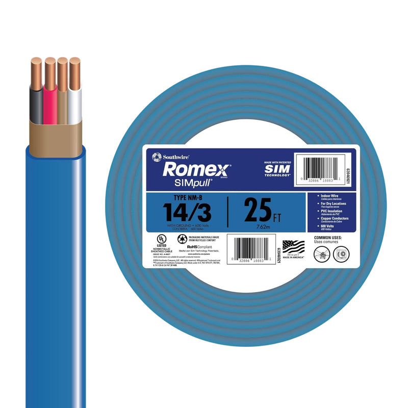 Southwire Romex SIMpull™ Electrical Wire, 14 Gauge, 3 Conductor, 25 Ft, NM-B Cable, Blue, 63946921