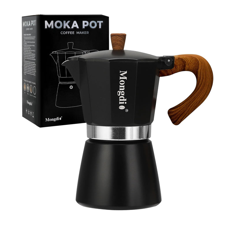 Mongdio Stovetop Espresso Maker Moka Pot, Cuban Coffee Maker Stove top coffee maker Moka Italian Espresso Greca Coffee Maker Brewer Percolator, 6 Espresso Cups, 10 oz - Black 6 cup