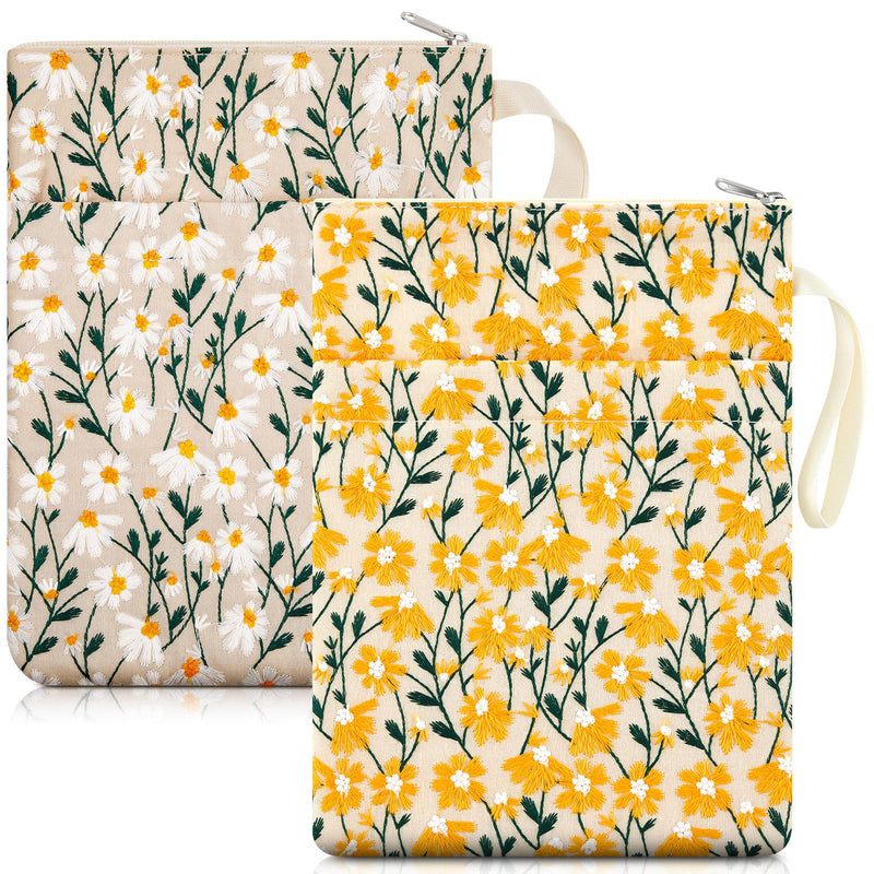 2 Pcs 12''x9'' Embroidered Daisy Book Sleeve with Handle Zipper for Women Washable Fabric Flower Book Sleeve Pouch for Paperbacks Hardcover, Christmas Gift for Reader Teacher