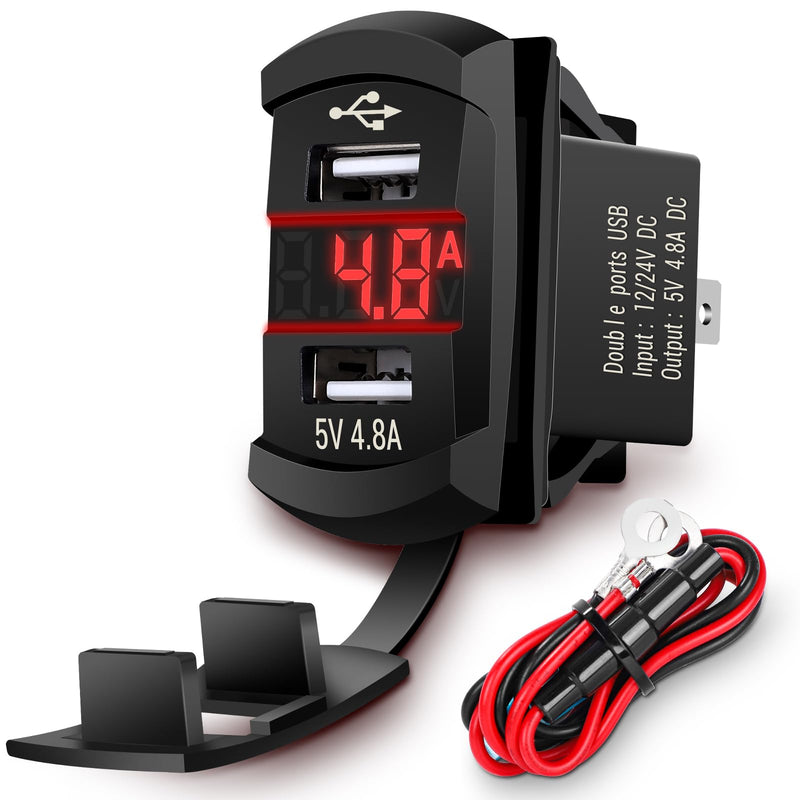 Rocker Switch USB Charger with New Updated Ammeter and Voltmeter Universal Fits Rocker Switch Panel 12V 24V Dual USB Charging Port Outlet for RV Cars Marine Boats ATVs Trailers Dual USB Current-voltmeter Red