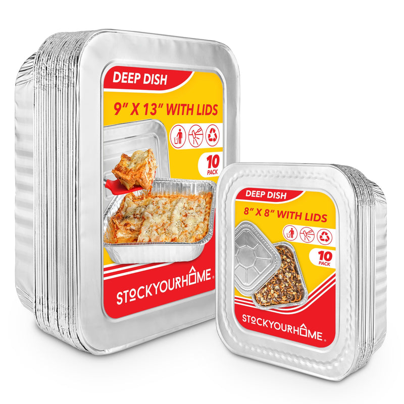 Disposable Foil Pans with Lids (Set of 20) Heavy Duty Aluminum Pans with Lids 9x13 (x10), 8x8 (x10) Baking Tins with Covers for Cooking, Heating, Storing, Food Prep, Holiday Dinner Meals, Silver
