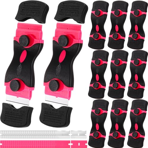 WILLBOND 72 Pcs Double Razor Blade Scraper Tool Set 12 Pcs 2 in 1 Razor Scraper Remover 60 Pcs Metal and Plastic Blades for Decal, Sticker, Label, Caulk Adhesive, Paint Stovetop, Subfloor (Pink) Pink