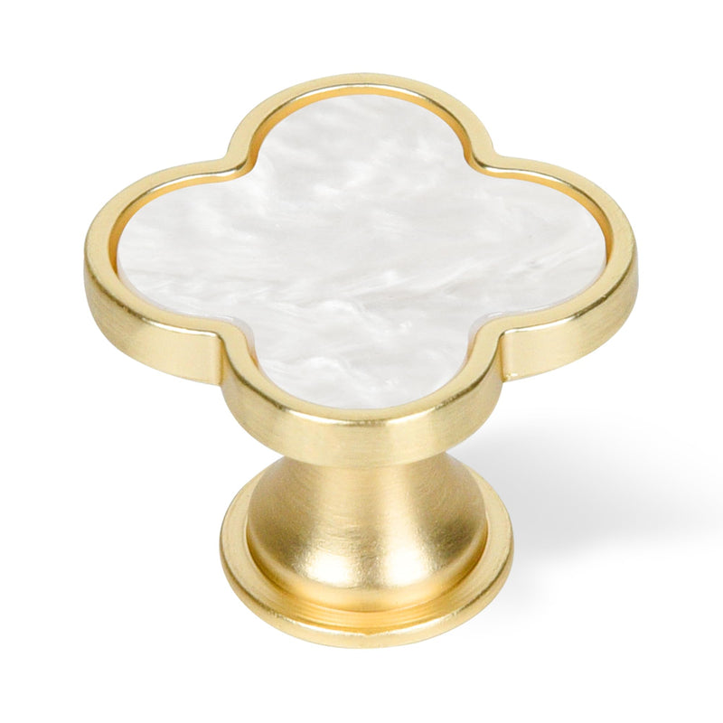 Clover Cabinet Knobs, 10 Pack 33mm Brushed Gold Drawer Knobs with White Pearl-Look Inlay, Decorative Gold Knobs for Kitchen Cabinets, Drawers & Dressers