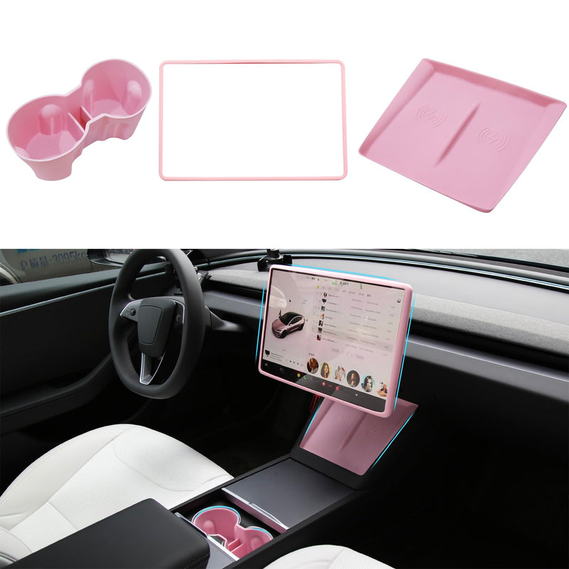 3PCS Center Console Accessories for Tesla New Model Y Juniper 2025 Model 3 Highland 2024 Cup Holder Insert, Screen Edge Protector Frame, Wireless Charger Mat Silicone, Pink New Model 3/Y